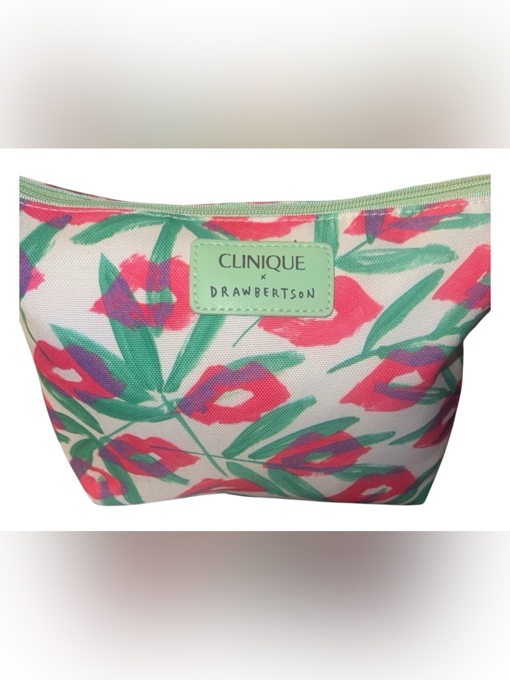 Clinique Cosmetic Bag with Red Lips and Green Floral Design - Picture 4 of 5